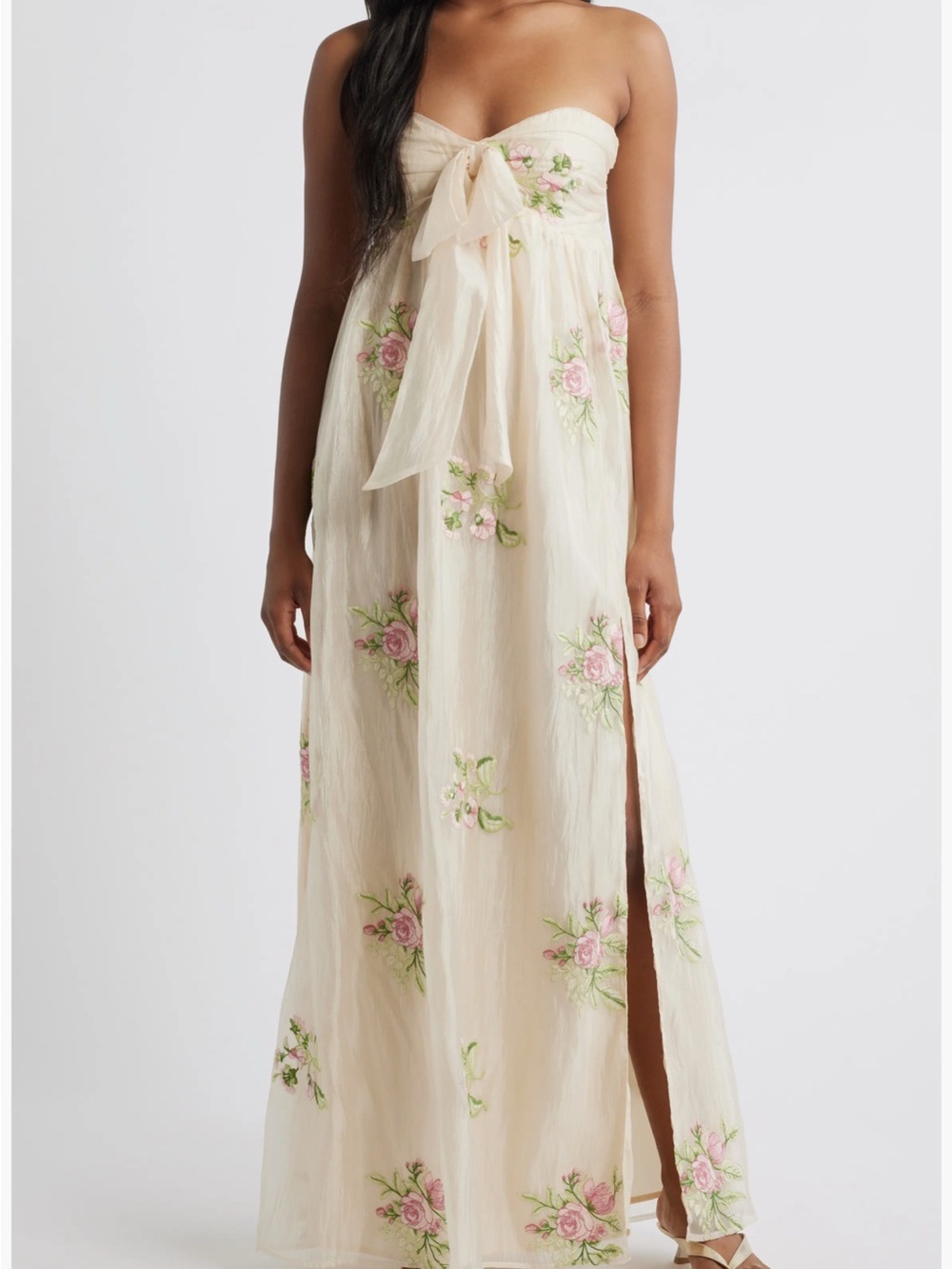 Nordstrom Strapless Cream Maxi Dress with Pink Floral Embroidery